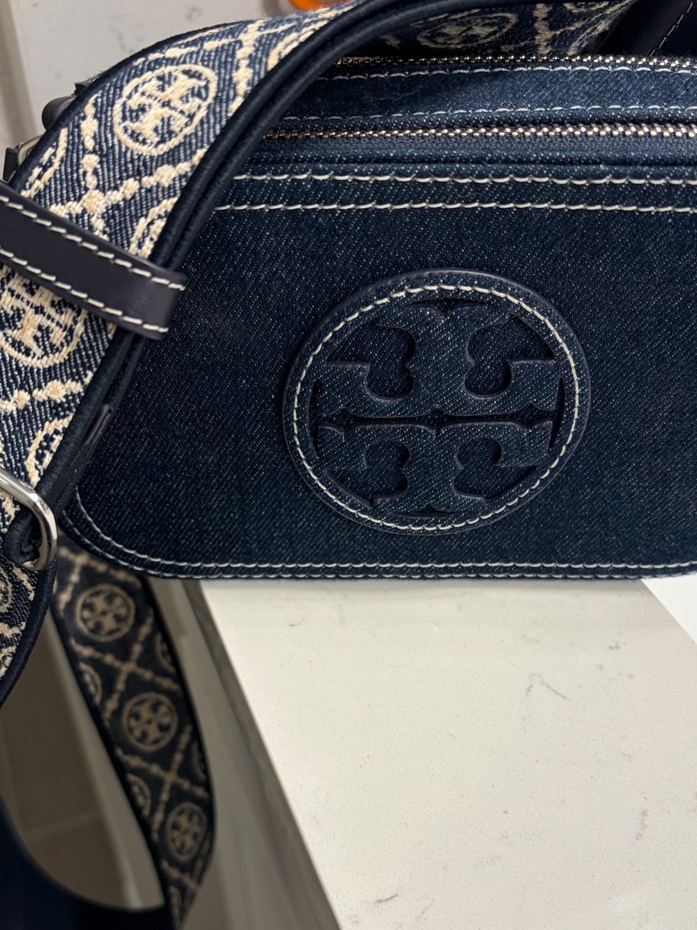 Tory Burch Navy Denim Crossbody with Patterned Strap